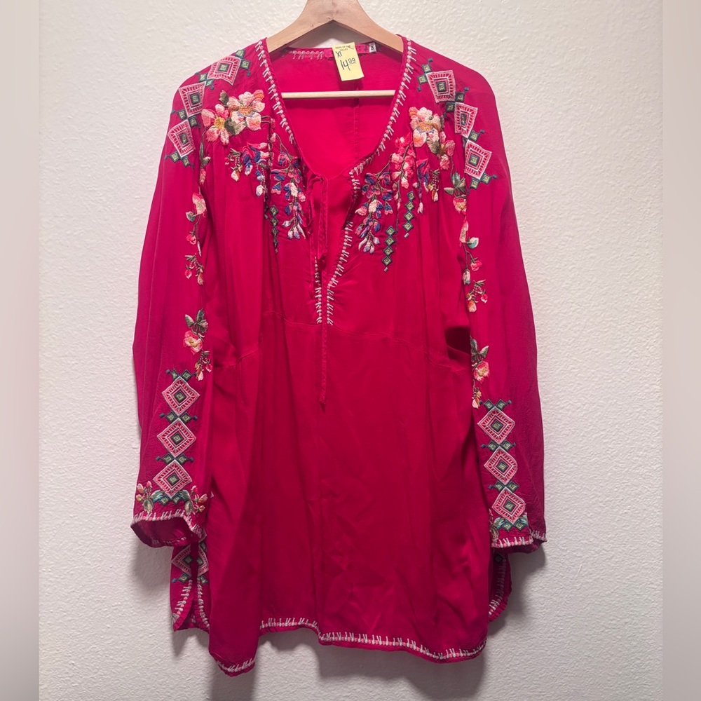 Johnny Was Red Embroidered Floral Blouse Tunic Boho